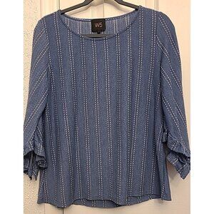 W5 Concepts Anthropologie Womens Top Size Large Blue Stripe 3/4 Ruffled Sleeve